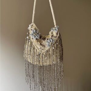 NWT Elegant Boho Cream Beaded Fringe Bag With Blue Flower & Pearl Details